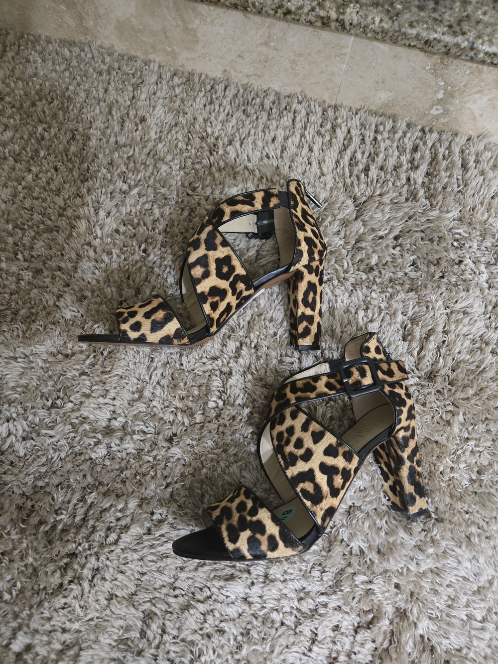Franco Sarto Leopard Print Block Heel Sandals in Tan and Black